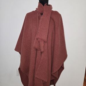 Vintage 60s Rust Red Wool Poncho With Scarf